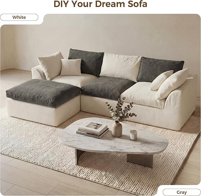 108 Cloud Sectional Couches with 1 Extra Washable Cover L Shaped 25.6 Deep Seat Couch with Ottoman Oversized Comfy Living Room Sofa DIY Color Refresh (White Sofa + Gray Cover Set)