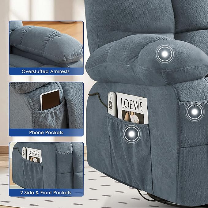 Swivel Recliner Chair for AdultsOversized Rocker Recliner with Vibration Massage and Lumbar HeatErgonomic Rocking Chair with Side PocketUSB Charge Port for Living Room