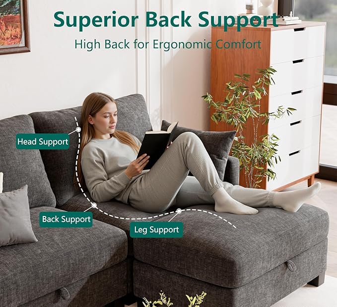 Modular Sectional U Shaped Sofa Couches for Living Room Cloud Couch with Storage Ottoman Comfy Chenille Sofa with Pillow Dark Gray