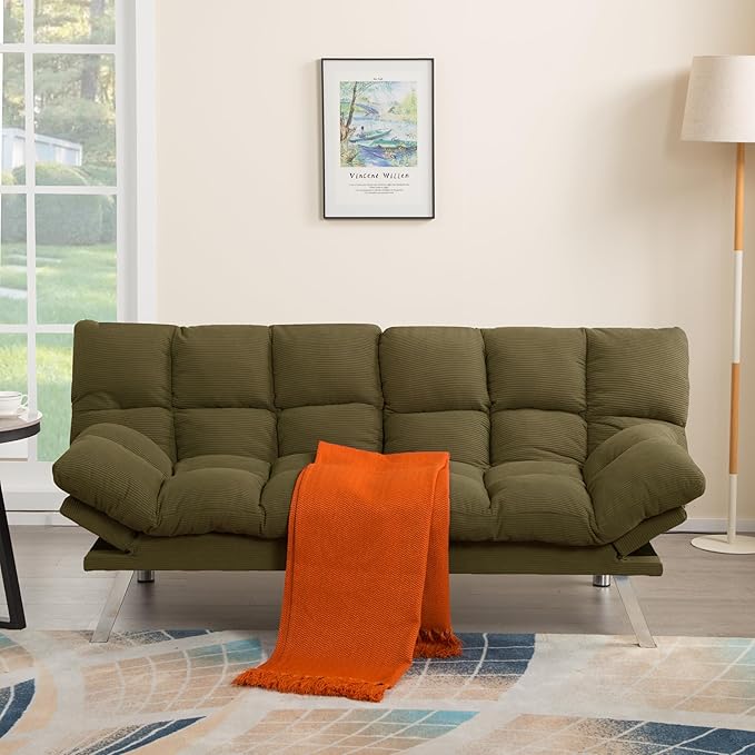 67” Convertible Futon Couch Bed Adjustable Pillow Top Arm Memory Foam Cloud Futons Loveseat Modern Light Gray Corduroy Mini Small Sofa Couches for Living Room