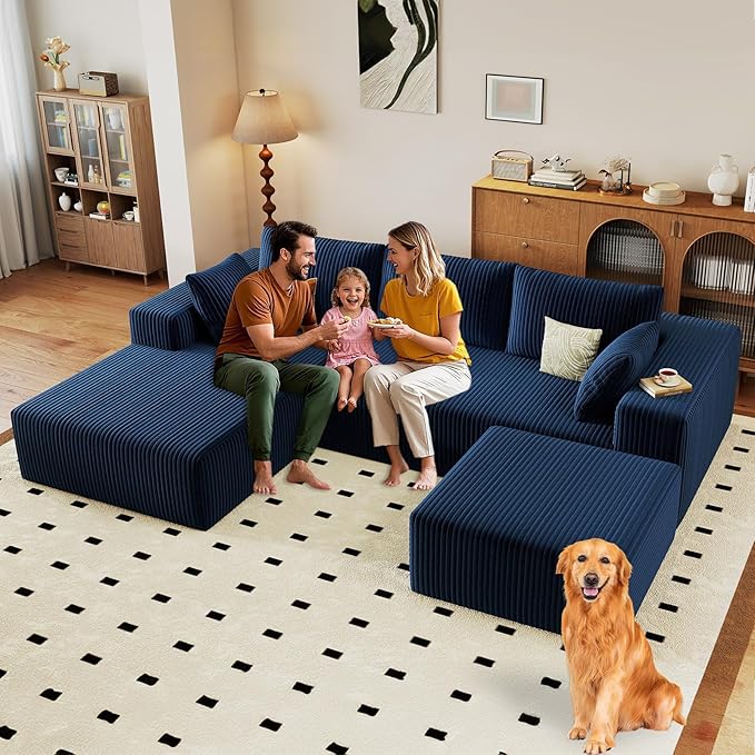 96 Modular Sectional Sofa with Ottoman Modern Corduroy Cloud Couch with Deep Seat Boneless Couch Upholstered 3-Seater U-Shaped Sofa for Living Room No Assembly (Blue Left-Facing Chaise)