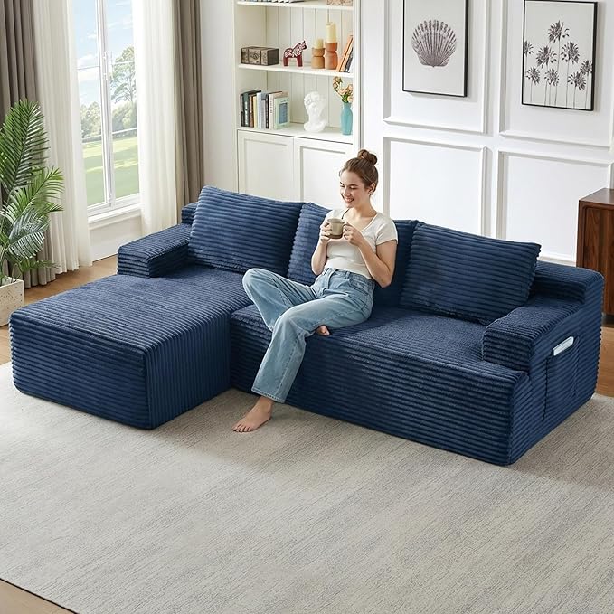 96 Cloud Sectional Couch with L-Shape Chaise Modular Comfy Sofa Chaise Longue Upholstered Corduroy Couches Sleeper with Deep Seat for Living Room Bedroom No Assembly Required(Blue Left Facing)