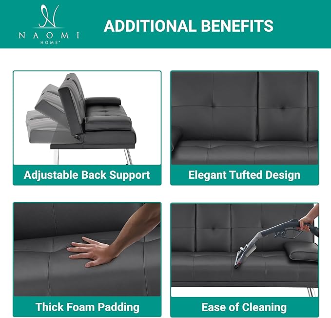 Naomi Home Black Futon Sofa Bed Faux Leather Futon Couch with Armrest and 2 Cupholders Pull Out Sofa Bed Couch with Metal Legs Reclining Small Bed Black Couches for Living Room