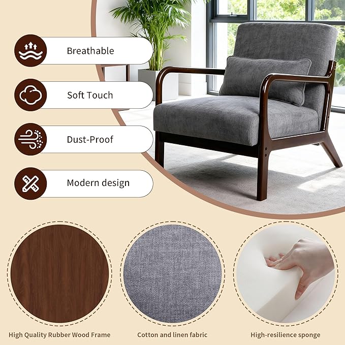 Mid Century Modern Accent Chair with Solid Wood Frame Comfy Reading Lounge Chair with Detachable Lumbar Pillow for Living Room Bedroom Office Vintage Small Wooden Armchair for Waiting Room (Grey)