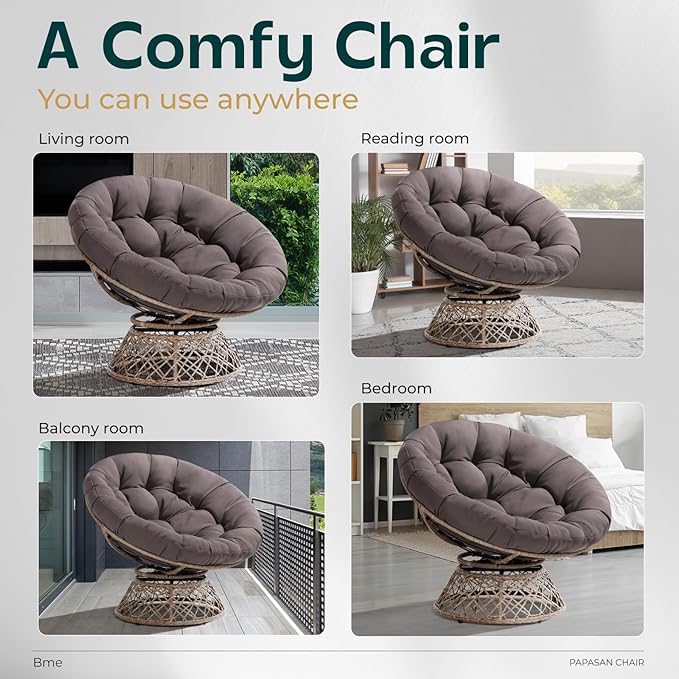 Bme 40 Ergonomic Wicker Papasan Chair with Soft Thick Cushion &amp Frame 360° Swivel Circle Reading Comfy Chair for Living Room Bedroom