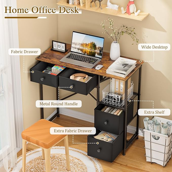 Small Computer Desk with 4 Fabric Drawers Simple Writing Desk for Home Office Compact Study Desks for Small Spaces Kids Desk Study for Bedroom Rustic Brown