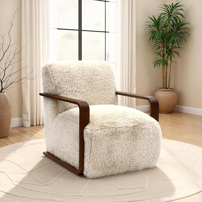 Comfortable Faux Fur Reading ChairModern Luxury Accent Chair Side Chairs with Curved Wooden Armrests for ApartmentLiving RoomOfficeStudyBeige