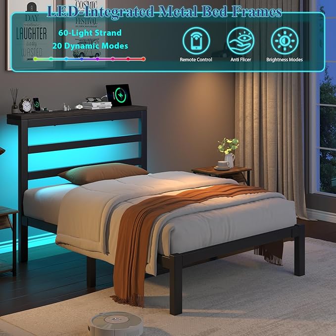 Twin Size Bed Frame with Storage Headboard Industrial Platform Bed with Charging Station and LED LightsUnderbed Storage Space No Box Spring Needed Easy Assembly Modern Black