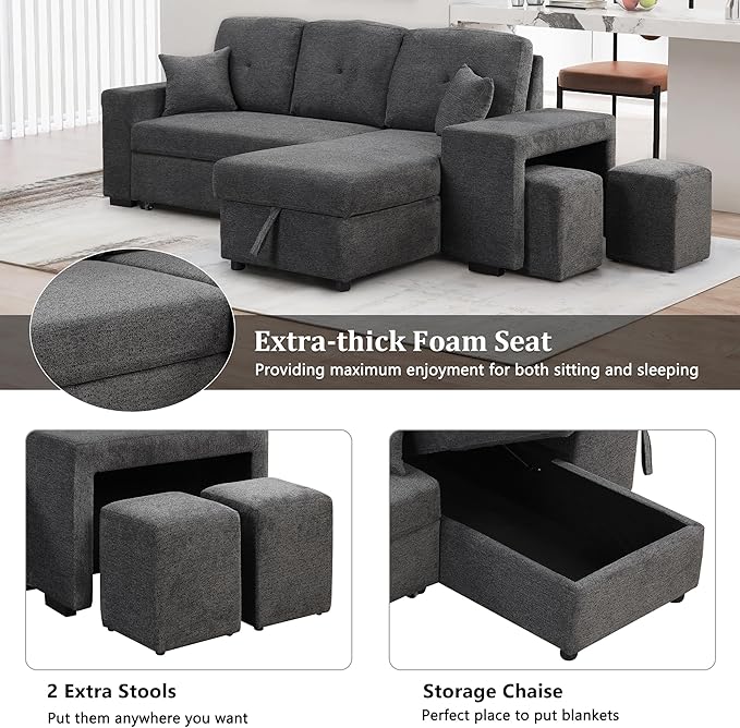 Flieks Reversible Sleeper Sectional Sofa Bed with Side Shelf and 2 StoolsPull-Out L-Shaped Sofa BedCorner Sofa-Bed with Storage Chaise Left/Right Hande for Living RoomBlue Black
