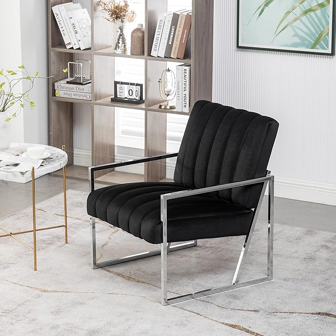 Generic Velvet Vertical Stripe Armchair Gold Metal Frame Accent Chair Suitable for Living Room BedroomBlack
