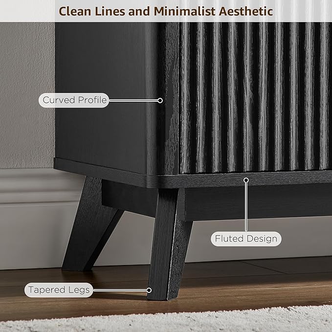 OKD 70 Mid Century Modern Fluted TV Stand Entertainment Center Sideboard Media Console for Living Room with 2 Soft Close Door/Adjustable Shelves (Black Oak)