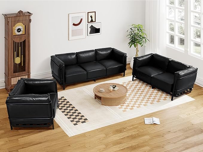 Minimalist Style 3 Seater Sofa Mid-Century Modern Faux Leather Sofa Couch with Fixed-Shape Iron Frame Upholstered Couch Chair for Living Room Office Apartment (Black Loveseat Sofa)