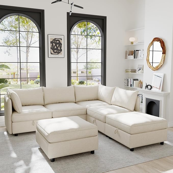 129” Modular Sectional Sofa Convertible 6 Person U Shaped Couch with Storage 2 Removable Ottomans &amp Deep Seats Memory Foam Comfy Modular Couch for Living Room (Beige 6 Seat)