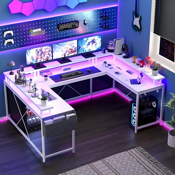 GAOMON U Shaped Home Office DeskReversible l Shaped Gaming Computer Desk with Power Outlets LED StripStorage ShelvesStorage Bag and Hooks for Home OfficeWhite
