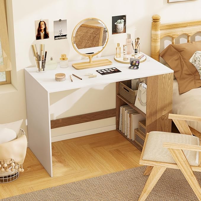 Giantex Small Desk with Bookshelf 44 Inch Modern Computer Desk for Small Spaces Laptop PC Desk Vanity Table for Bedroom Study Writing Desk for Home Office (White+Natural)