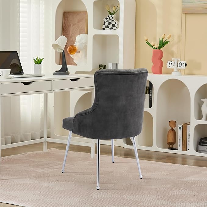 Velvet Vanity Chairs Upholstered Makeup Accent Reading Chair Office Desk Vanity Stool Chairs with Metal Legs for Kitchen Bedroom Living Room Dark Grey