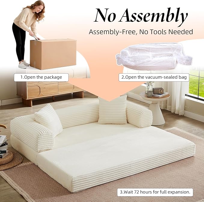78 Inch Convertible Futon Sofa BedFolding Boneless Couch with Sleeper SofaFold Out Floor Sofa Couch with Deep SeatCloud Corduroy Foldable Mattress Couches for Living Room(Off White)