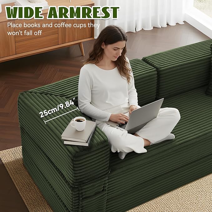 5-in-1 Folding Convertible Sofa Bed 78 Inch Corduroy Boneless Couch Loveseat Sleeper with Pull Out Bed Floor Sofa Modular Futon Couch for Living Room Small Place No AssemblyLight Green