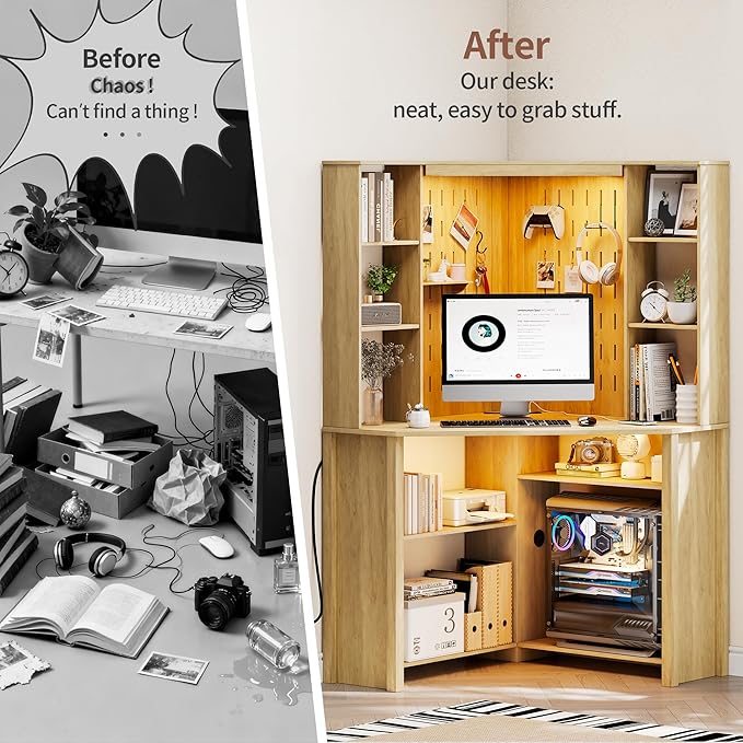 L-Shaped Corner Desk LED Light Computer Desk with Charging Station Hutch Storage Shelves &amp File Cabinet Home Office Desk Workstation for Small Space Natural Wood
