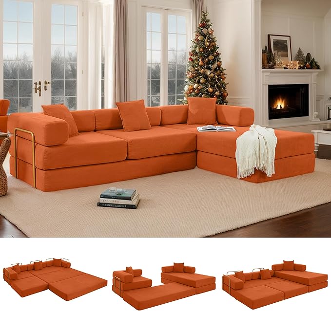 108 W Corduroy Modular Cloud Couch with Fixed-Shape Frame Oversized L-Shaped Sectional Sleeper Sofa Bed with Pull Out Bed No Assembly Modern Floor Boneless Couch for Living Room (Orange)