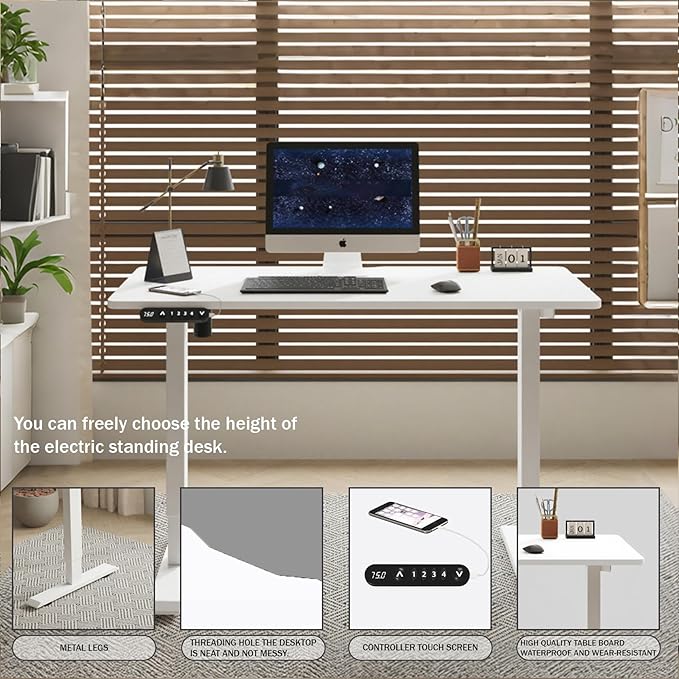 Electric Standing Desk 55 x 24 Inch Height Adjustable Desk Sit Stand Desk with Type-C Charging and Memory Preset Computer Desk for Home Office (White)