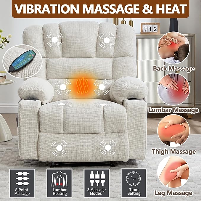 Massage Recliner Chair with Heat Beige Recliner Chair with Cup Holder for Adults Manual Reclining Chairs Large &amp Oversized Recliners for Living Room Fabric Heavy Duty (Beige)