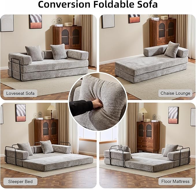 Convertible Floor Sofa Bed Fold Out Floor Couch with Pillow Back &amp Armrest Compressed Couch with Fixed-Shape Frame Chenille Foldable Sleeper Sofa Bed for Living Room Bedroom Light Grey
