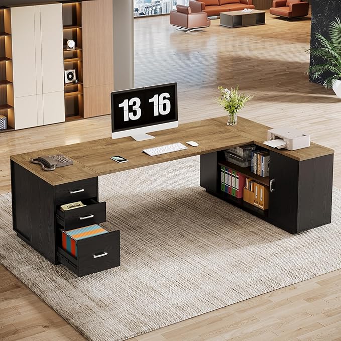 Tribesigns 85.8-Inch L-Shaped Executive Desk with File Drawers Door Cabinet &amp Shelves Extra Large Commercial Office Desk Modern Professional Office Table Business Furniture Natural &amp Blac