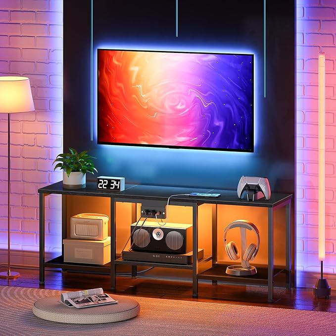 HOOBRO TV Stand with Charging Station to 55 Inches LED Entertainment Center Media TV Console Table with Open Storage Shelving for Living Room Bedroom Black BB122UDDS01