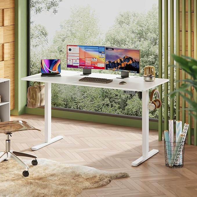 DEVAISE 55 x 28 Inch Whole Piece Standing Desk Seamless Desktop Electric Standing Desk Office Computer Desk with Adjustable Height 3 Preset Memory Sit Stand up Desk for Home Office (White)