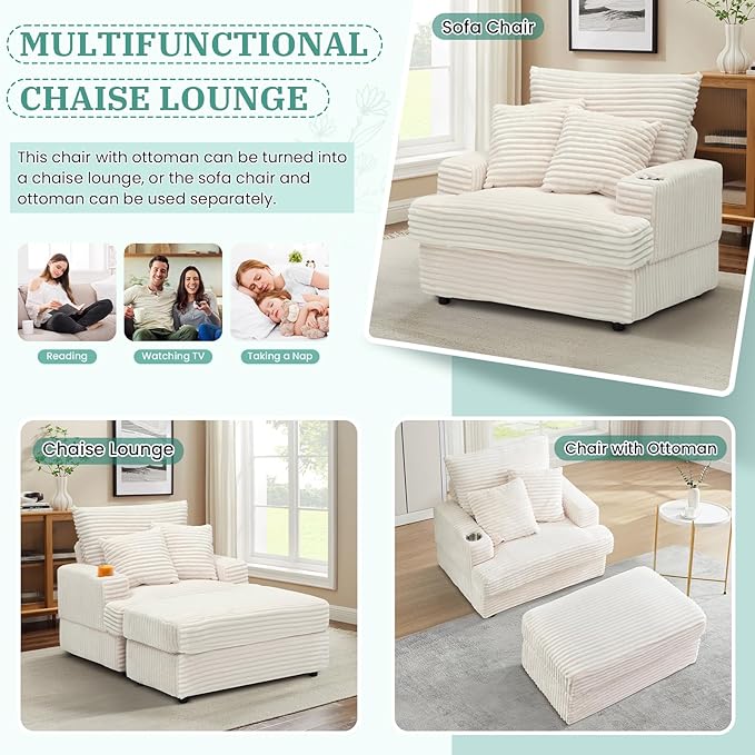 Chaise Lounge Chair Indoor 39 W Plush Corduroy Oversized Chair with Ottoman Upholstered Cozy Chaise with Cup Holder Modern Deep Seat Comfy Sofa Armchair for Living Room Bedroom(White)