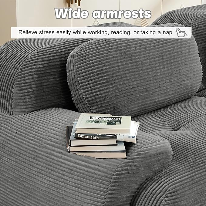 SoarFlash 81” Sectional Cloud Boneless Sofa Couches for Living Room-2 Seater L-Shaped Modern Lounge Couch-No Assembly Modular Corduroy Convertible Sponge Sleeper Sofas with Chaise for Home HouseGrey