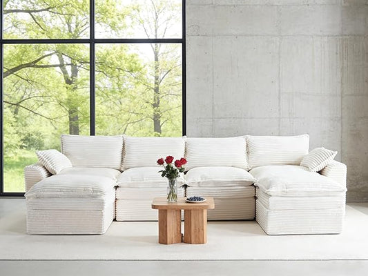 145 Modular Sectional Sofa Comfy Cloud Sectional Couch with Deep SeatOversized U Shaped Boneless Couch with OttomanUpholstered Boneless Cloud Couch with Side PocketsCorduroyBeige