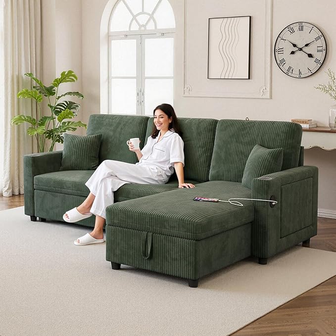 L-Shape Sleeper Sofa with Storage &amp Ports Pull-Out Couch Bed with Cup Holders Side Pockets &amp Side Table for Living Room Apartment Green