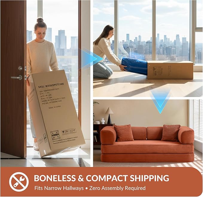 5-in-1 Convertible Sofa Bed Boneless Floor Couch Queen Size with Magic Pillow Blankets Zero-Assembly Sleeper Futon for Apartments Renters &amp Micro-Living Spaces Orange