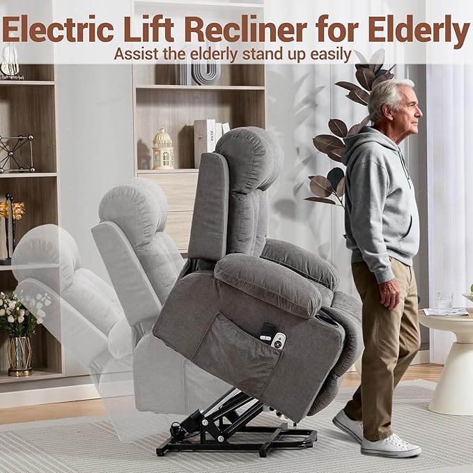 Power Lift Recliner Massage Chair - for Elderly People w/Vibration Massage and Lumbar Heat Recliner Chair Sofa for Adult w/Cup Holder USB Charge Port for Living Room Bedroom Grey
