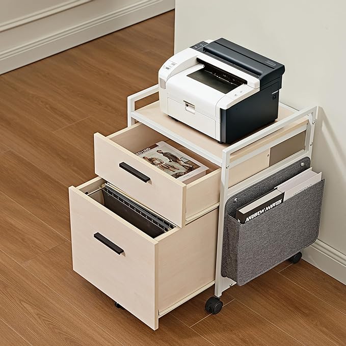 EUREKA ERGONOMIC 2-Drawer Mobile File Cabinet with Wheels Solid Wood Rolling Storage Cabinet for Home Office Space-Saving Under Desk Organization with Printer StandWhite