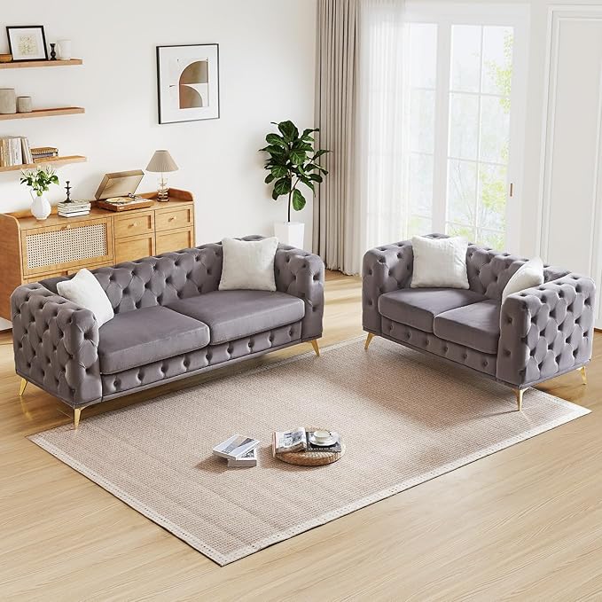 Mid Century Modern Couch and Loveseat Sofa Set Upholstered Velvet Couch with Button Tufted &amp Gold Legs Deep Seat Comfy Chesterfield Sofa for Living Room Bedroom Office(Loveseat + 3 Seater Gre
