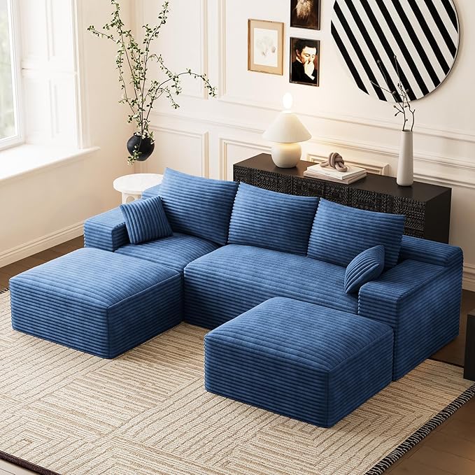 108 Oversized U-Shaped Sectional Couches for Living Room Comfy Fluffy Corduroy Blue Boneless Cloud Couch with 2 Ottomans Plush Memory Foam Modular Sectional Sofa for Small Spaces