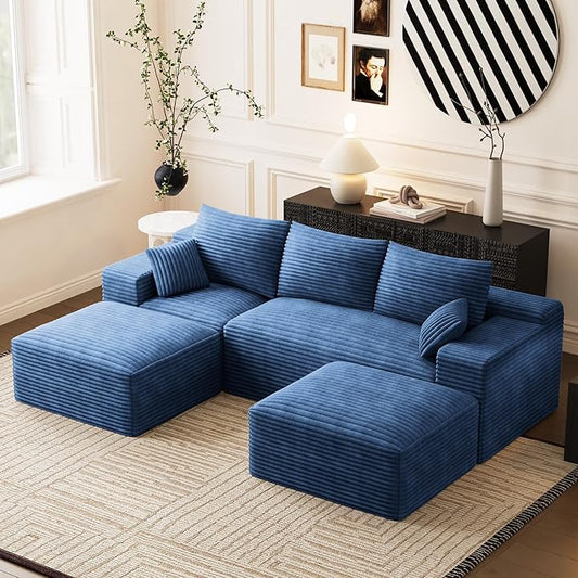 Modular Sectional Sofa Cloud Couch 108'' Comfy U Shaped Sectional Couches for Living Room Deep Seat Cozy Fluffy Corduroy Boneless Couch Sectionals Sofa with Movable Ottomanm Blue