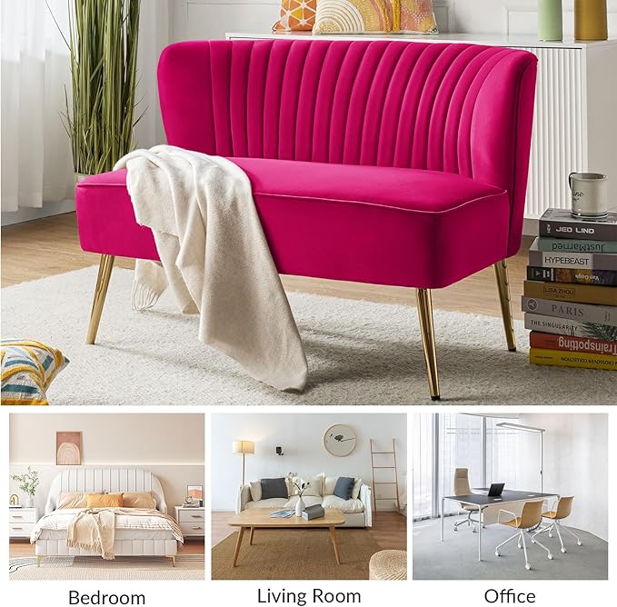 HULALA HOME Velvet Loveseat Sofa with Gold Legs Mid-Century Modern Upholstered Love seat Couch Tufted Small 2-Seat Sofa Armless for Living Room Bedroom Apartment Small Spaces Fuchsia