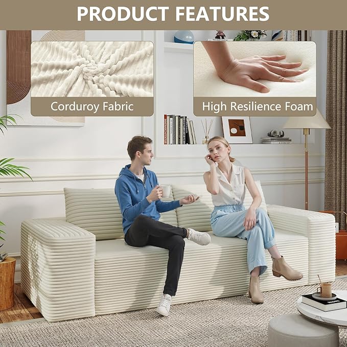 71 Loveseat Sofa Boneless Loveseats for Living Room No Assembly Required Corduroy Love Seat for Small Spaces Bedroom Apartment Office White