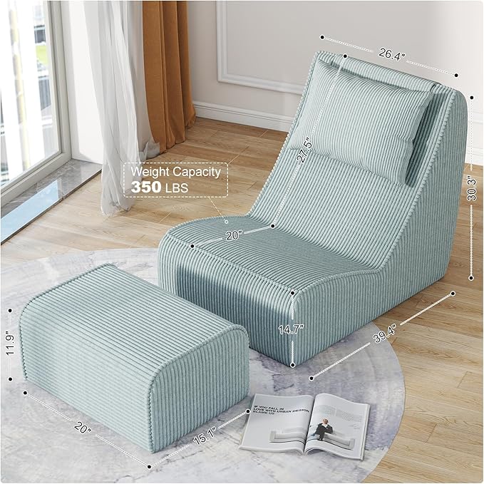 Giant Bean Bag Chair for AdultsCorduroy Chaise Lounge with Unrivaled Back Support Detachable Neck Pillow Comfortable Ottoman &amp Washable Cover for Living Room Bedroom Garden(Mint Green)