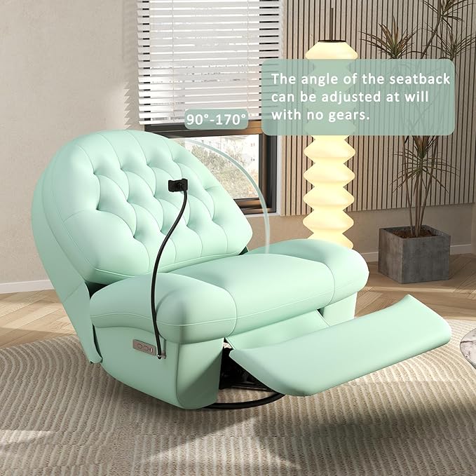 Kinfant Power Swivel Rocker Recliner Chair Swivel Rocking Sofa with Button Control Phone Holder &amp USB Ports for Living Room Bedroom (Green)