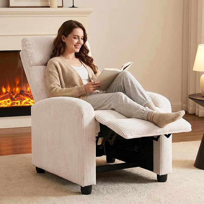 Furnimart Small Manual Recliner for Small Spaces Corduroy Reclining Chair with Chunky Overstuffed Cushion Single Sofa Recliner for Adults for Home Theater Living Room Bedroom Beige
