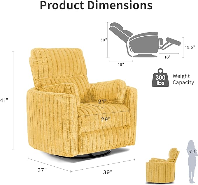 Furniture of America Vyrinor Modern Chenille Power 220° Swivel Recliner Chair with Pillows Reclining Glider Comfy Sofa Wooden Comfortable Couch for Living Room Nursery Home Theater Yellow