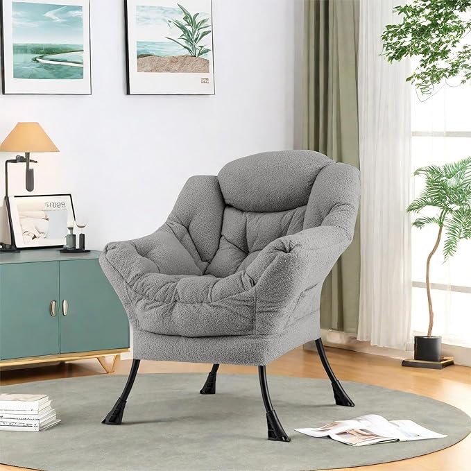 GORELAX Modern Lazy ChairUpholstered Lounge Accent Chair Single Leisure Sofa Chair with Armrests &amp Side Pocket Comfy Reading Chair for Bedroom Living Room Dorm Room (Plush Grey)