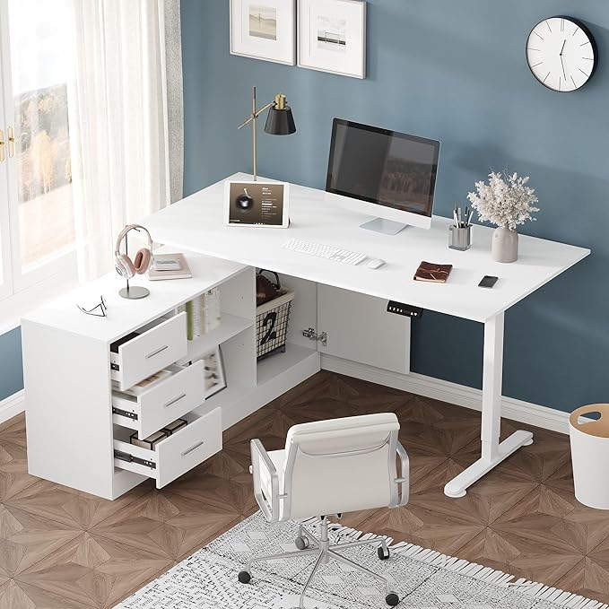 Lovinouse Large White Electric Adjustable Standing Desk Reversible L Shaped Office Work Desk with Storage Drawers Adjustable Height and Shelves Rising Study Computer Table for Home Office Bedroom