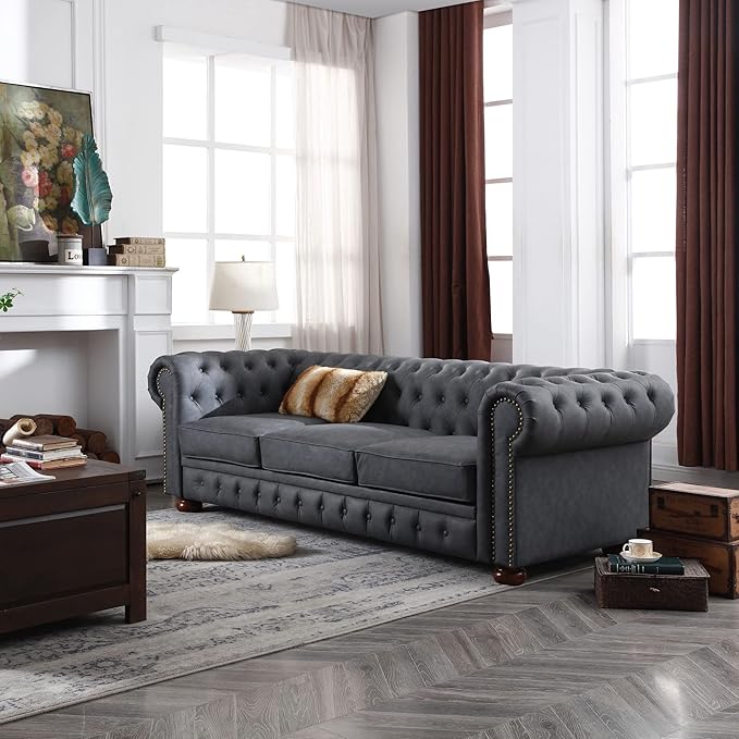 Harper &amp Bright Designs Faux Leather Upholstered 3-Seater Living Room Sofa with Button and Copper Nail on Arms Classic Chesterfield Sofa Dark Grey