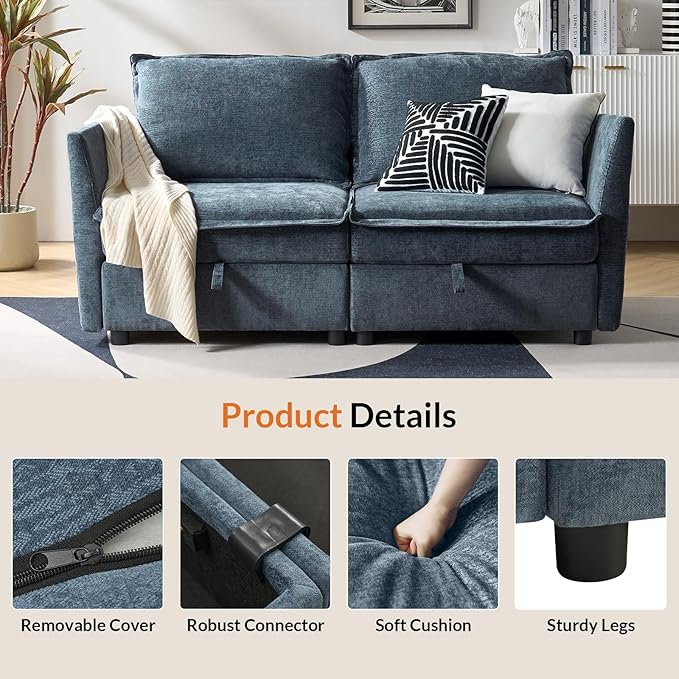 HULALA HOME 67'' Modern Chenille Loveseat Sofa 2 Seater Couch with Storage Comfy Deep Seat Small Loveseat Couches for Living Room Furniture with Pillows Easy to Install Blue